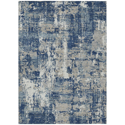10' X 14' Navy Blue Gray And Ivory Abstract Washable Indoor Outdoor Area Rug
