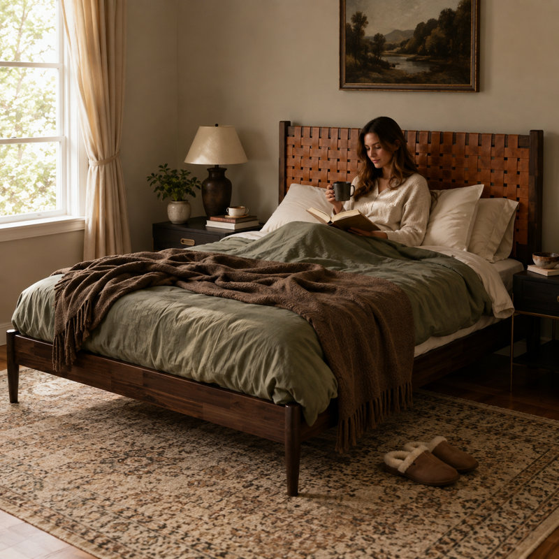 Lit plateforme King style Mid-Century en bois d'acacia massif avec tête de lit en cuir végane tissé à la main et pieds fuselés, pouvant supporter jusqu'à 363 kg