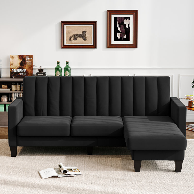 Canapé 3 places en velours moderne avec repose-pieds convertible, Velours noir