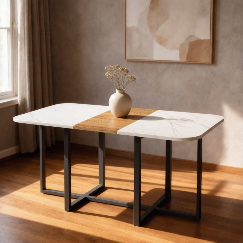 Table moderne de quatre à six places avec plateau en grain de bois et structure en métal noir pour la salle à manger de la cuisine