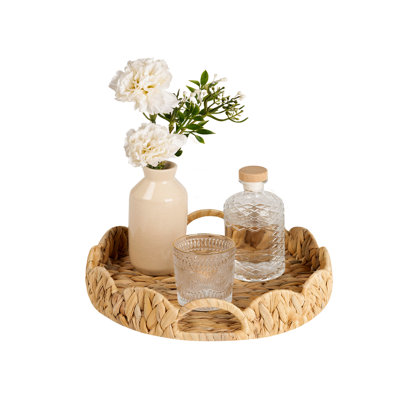 Handwoven Scalloped Wicker Tray with Handles, Water Hyacinth Serving & Decorative Tray