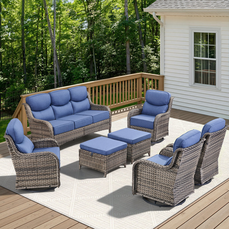 7-Piece Outdoor Courtyard Sofa Conversation Set With Ottomans, Gray, Blue