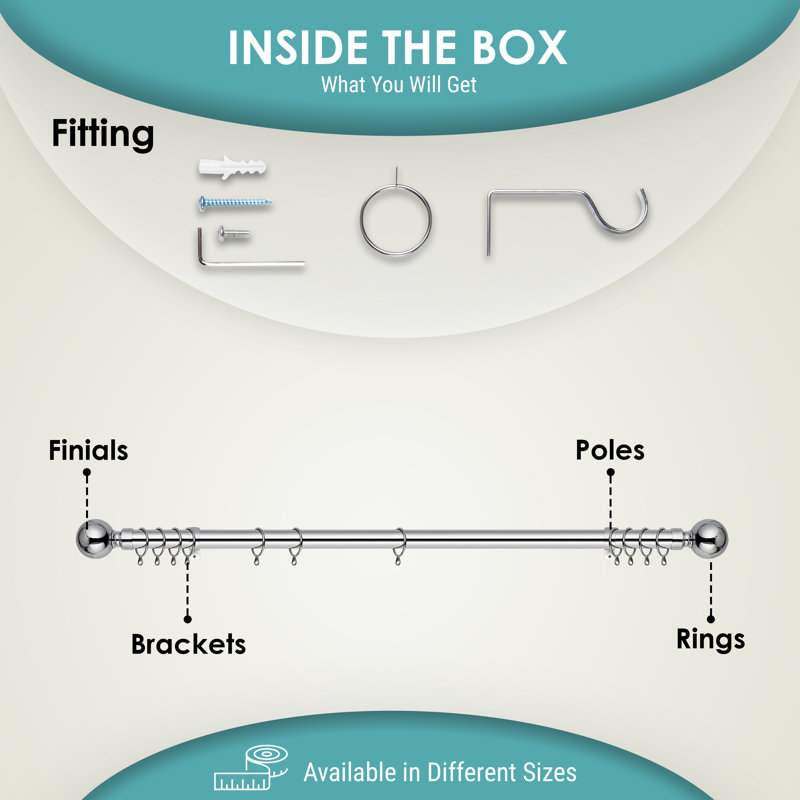 Plain Metal Ball Extendable Single Curtain Rod /Pole, 160-300 Cm, Brushed Silver