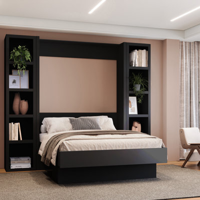 Lit escamotable Easy-Lift en grain de bois avec deux étagères