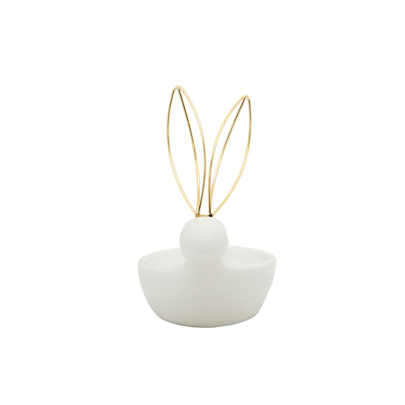 Porte-bijoux en céramique en grès avec des oreilles de lapin en fil d'or - plat décoratif blanc moderne de 5,5 po pour la maison, le bureau et la chambre à coucher.
