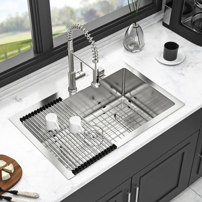 Évier de cuisine à simple cuve de calibre 16 de 33 po x 22 po: acier inoxydable T304 avec évacuation de la condensation de 16 po: drain en X et fonction d'absorption acoustique