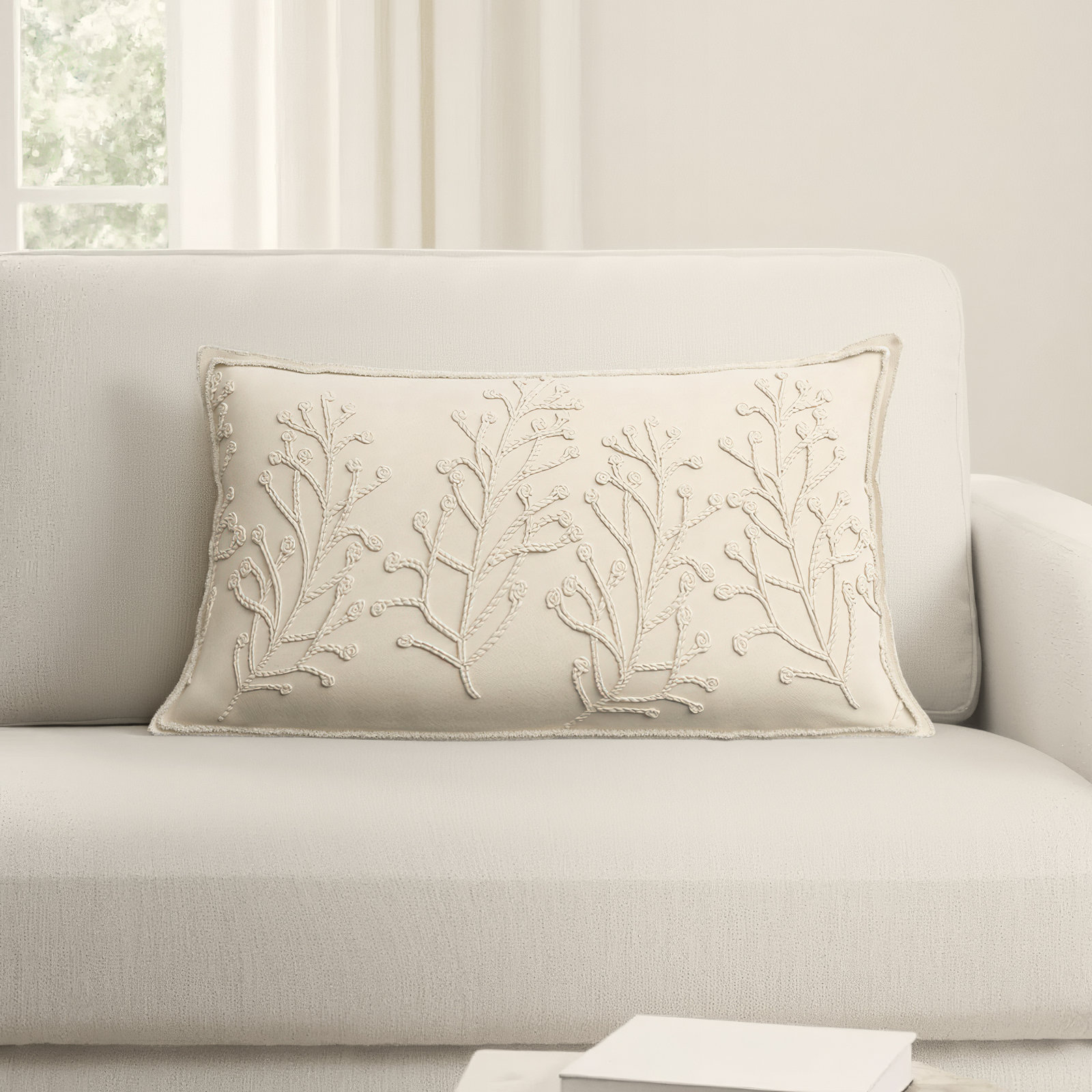 Hollin 26" x 14" Embroidered Throw Pillow, Natural