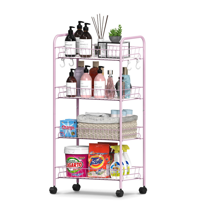 4-Tier Rolling Utility Cart with Removable Baskets,Pink