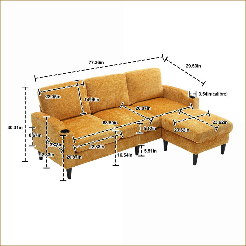 Canapé modulaire, canapé en chenille 3 places avec repose-pieds de rangement Porte-gobelets | Jaune moutarde, Velours jaune