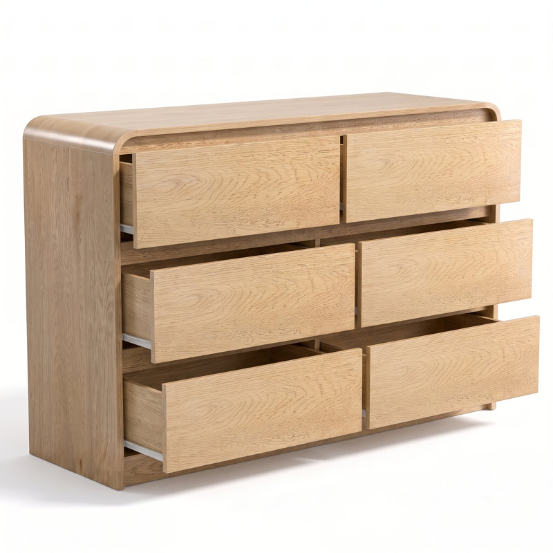 Commode moderne naturelle à 6 tiroirs avec profil incurvé et rangement à glissières silencieuses, Naturel
