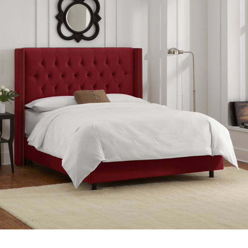 Lit capitonné standard à profil bas, Double, Velours cerise