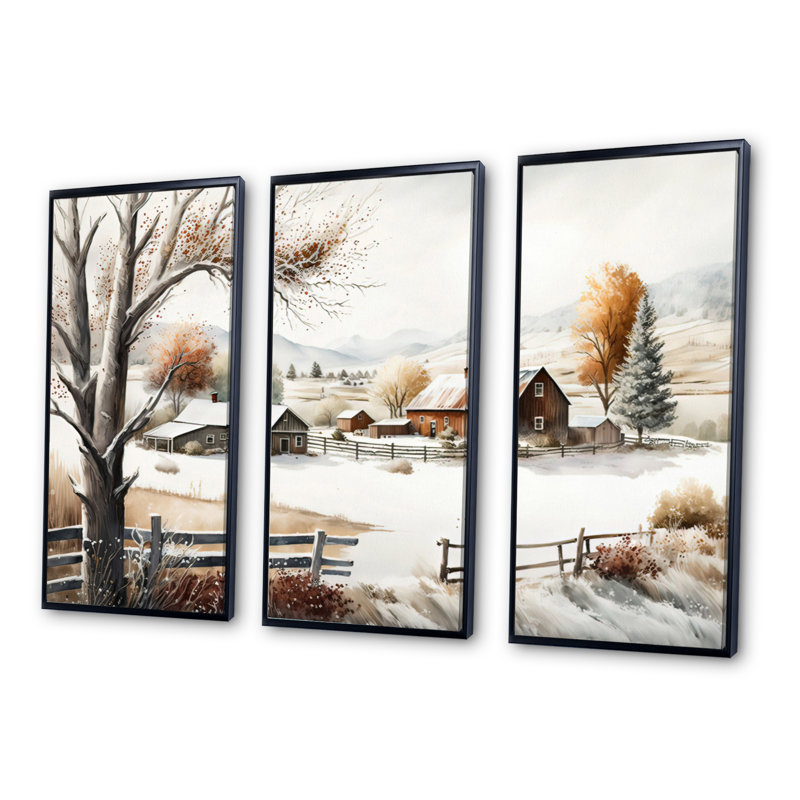 «Kansas Farm In Winter», ensemble d'art mural sur toile, Cadre noir, H 28 po x l 36 po x P 1 po