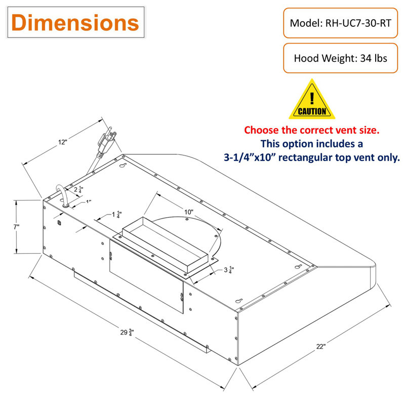 Hotte sous un meuble à conduit 30 pouces avec filtre à chicane et lumière incluse Awoco RH-UC7-30