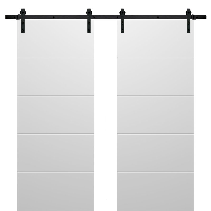 Portes de grange coulissantes doubles avec quincaillerie | Planum blanc mat 0770 peint | Ensemble de 13 cintres robustes | Porte de salle de bain de chambre à coucher moderne à panneau solide - Rail noir