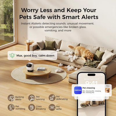 Pet Camera with Treat Dispenser, 3K Ultra HD 360° Panoramic View, 23‑ft Remote Treat Toss for Dogs & Cats, Reduce Separation Anxiety, 2.4G & 5G WiFi, Barking Alerts, Physical Lens Cover, No Subscription Indoor Security Cam