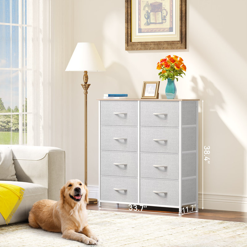 Commode double 8 tiroirs Kathiria, Gris clair / chêne