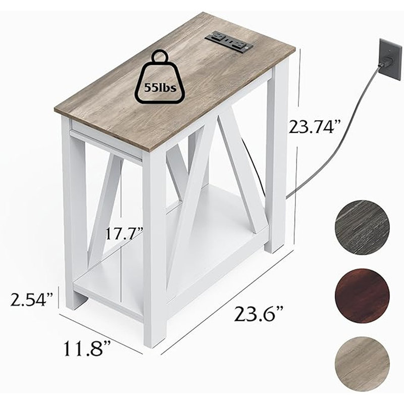 Ensemble de 2 tables de bout fermières avec station de charge, tables d'appoint minces avec tablettes de rangement ouvertes pour le salon, la chambre à coucher et les petits espaces, Greige