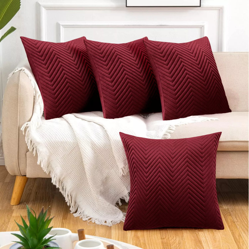 Luxury Chevron Embossed Quilted Pattern Velvet Cushion Cover Set (4-Pack) - Soft Throw Cushion Cover for Home Décor, Burgundy