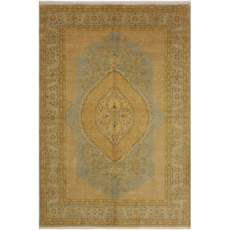 Tapis bleu / doré en laine noué à la main Abagail