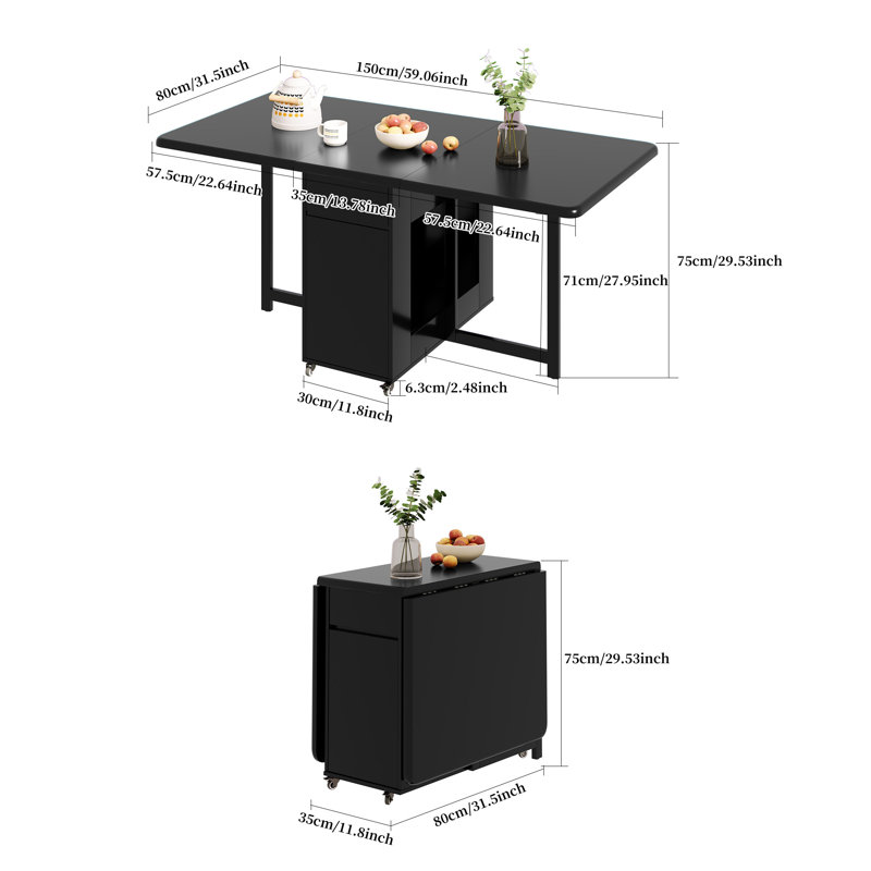 Black Foldable Dining Table Retro Design, Mobile on Casters with Storage Compartment, Space-Saving 1.3/1.5 Metre Long Table for Kitchen, Apartment, 4-6 Person Fully Assembled, No Assembly Required.(Without Chairs)