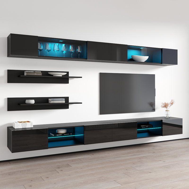 Lizotte 126" Modern Floating Wall Mounted Entertainment Center with 16-Color LED Lighting, High Gloss Finish, Black