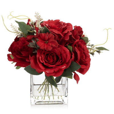 Artificial Rose Flower Arrangement In Glass Vase With Faux Water (red)