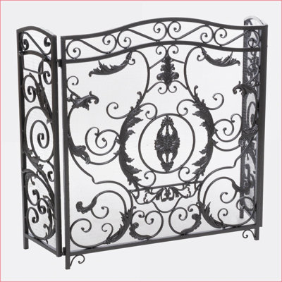 Fireplace Screen Traditional 3-Panel Floral Iron Brushed Silver &amp; Black 53.5”W x 36.5”H | Black+Silver | Iron