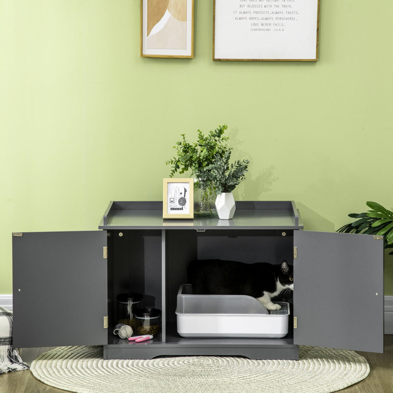 Grande boîte à litière pour chat avec couvercle gris, portes magnétiques et intérieur organisé pour portes de chats Tablettes fonctionnelles Fournitures pour animaux
