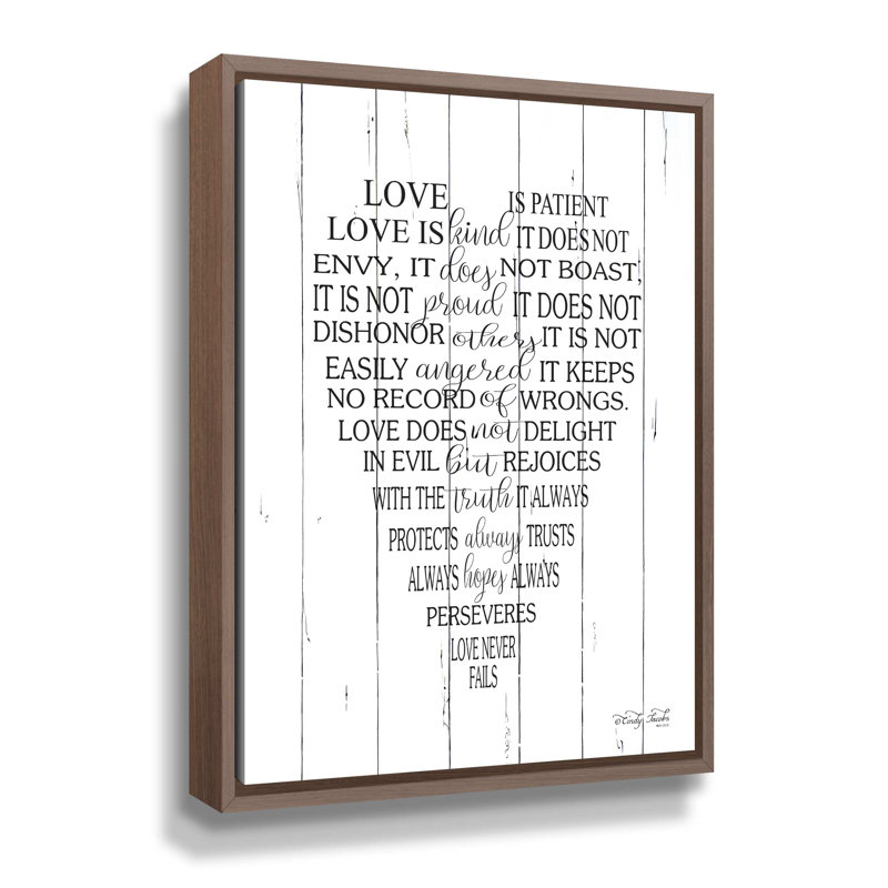 «Love is patient», art textuel, H 10 po x l 8 po x P 2 po, Cadre flottant en noyer