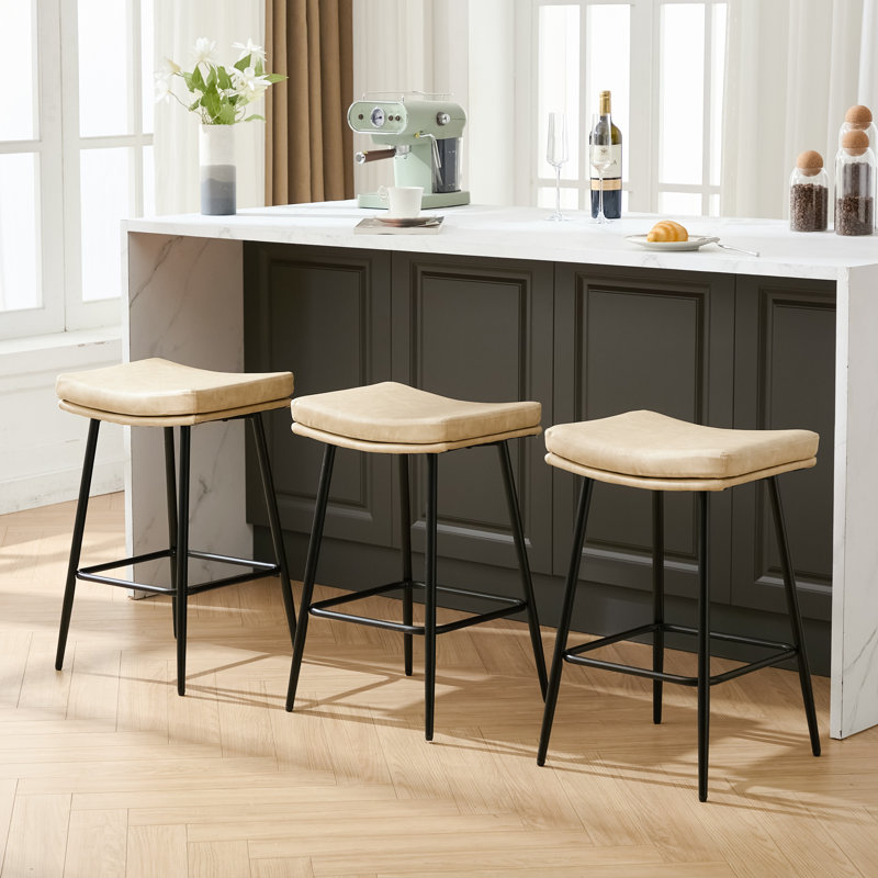 Upholstered 26" Backless Saddle Barstools, 3, Beige