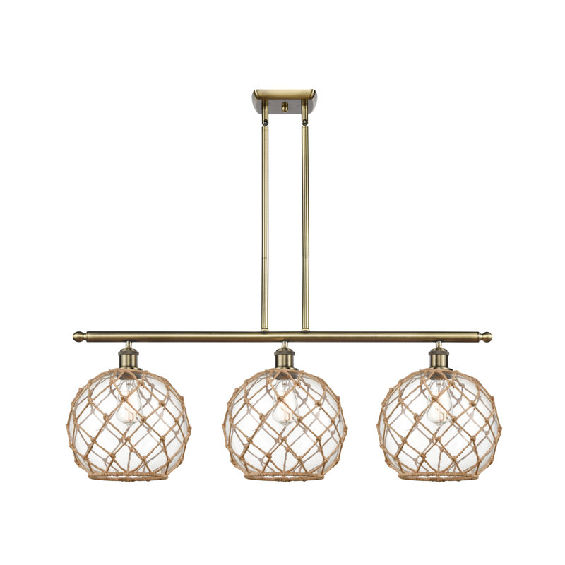 Luminaire suspendu linéaire à 3 lumières pour îlot de cuisine avec détails en corde Kittie, Transparent, Ampoule non incluse
