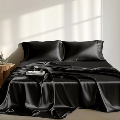 Ensemble de draps en satin noir 4 pièces - luxueux, 100%, froissé, lisse pour la peau, réduit la casse des cheveux, convient aux matelas de 16 po, avec draps et taies d'oreiller, texture douce et luxueuse, frisottis doux