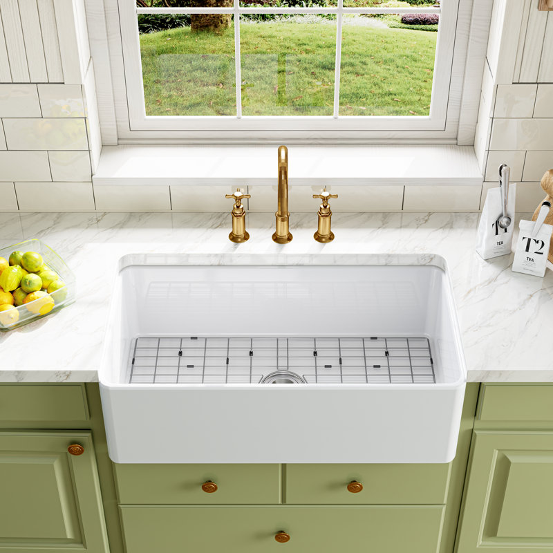 White Fireclay 33 in. L x 18 in. W Rectangular Single Bowl Farmhouse Apron Kitchen Sink with Grid and Strainer, White