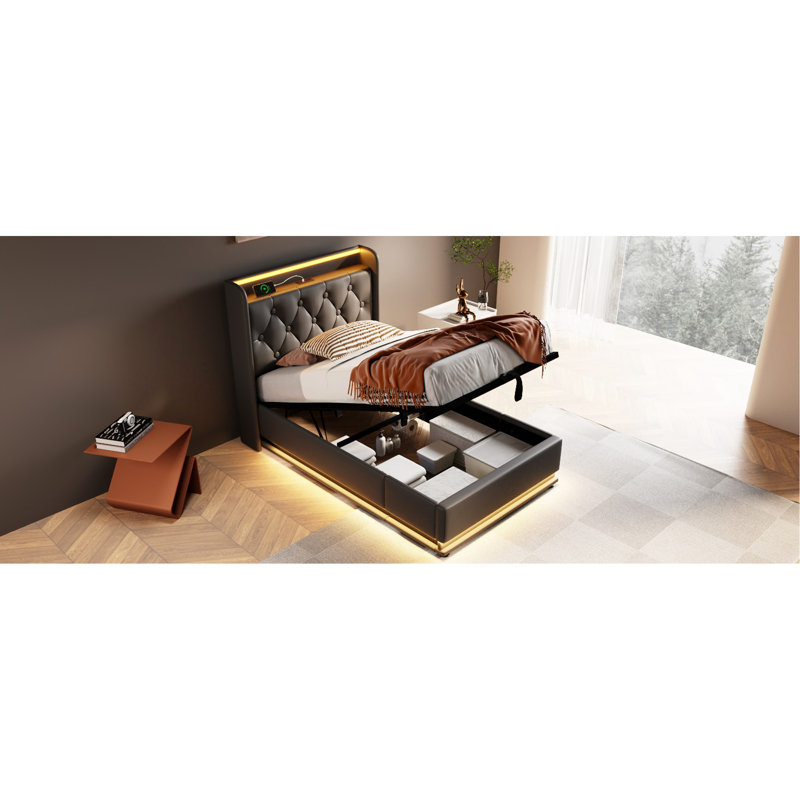 Lit simple tapissier, fonction DEL à 360 degrés, boutons / applications / télécommande, lit de rangement hydraulique avec chargement USB Type-C, noir, polyuréthane (sans matelas)