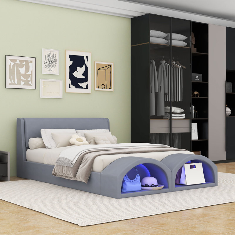 Grand lit plateforme tapissier avec double grotte pour chat à DEL, tissu résistant aux égratignures, Grey