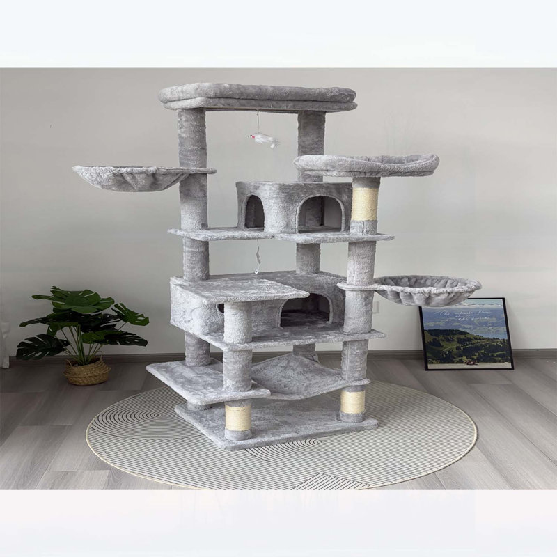 Arbre à chat de 68 po de hauteur à plusieurs niveaux avec hamacs, panier suspendu, grotte, coussins amovibles et poteaux à griffer - Tour moelleuse pour chats d'intérieur, parfaite pour plusieurs chats