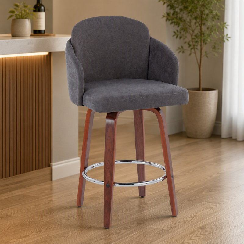 Ensemble de tabourets de bar pivotants contemporains avec pieds en noyer et repose-pieds chromés, Grey, Tissu