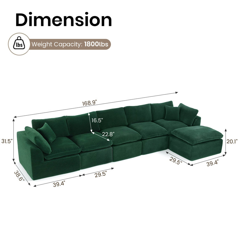 Canapé-lit modulaire en velours côtelé avec housse, Velours côtelé vert, H 26,4 po x l 156,7 po x P 77,2 po