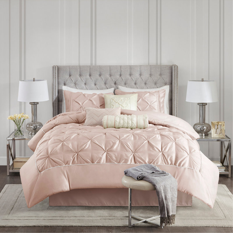 Ensemble d'édredon touffeté 7 pièces rosé, Édredon de très grande taille et 6 pièces suppl