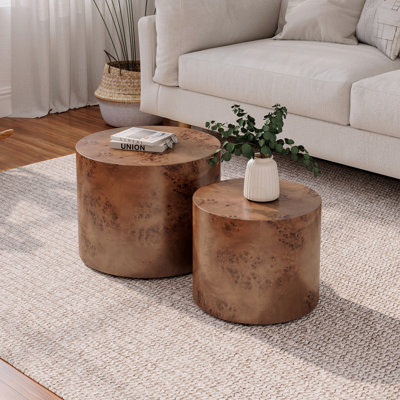 Nesting Coffee Table Set Of 2 Modern Round Coffee Table Wooden Circle Accent Tables For Small Spaces Living Room Bedroom Balcony Office Drum Side Table Brown Burl