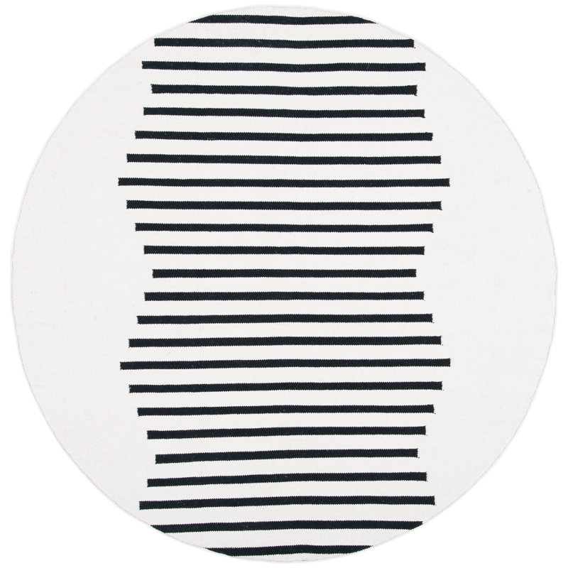 Tapis ivoire / noir en coton fabriqué à la main Mando, Rond 6 pi