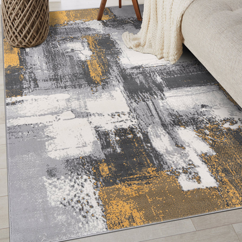 Demeko Abstract Machine Woven Polypropylene Performance Area Rug, Rectangle 5' x 7', Yellow