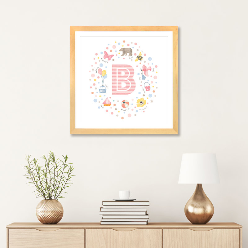 Lettre illustrée B rose - impression, Papier avec cadre beige, Blanc, H 24 po x l 24 po x p 1 po