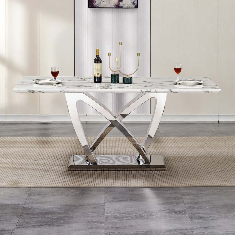 Table de salle à manger avec base en acier inoxydable, pour 6 personnes,, Argent argent, Gris