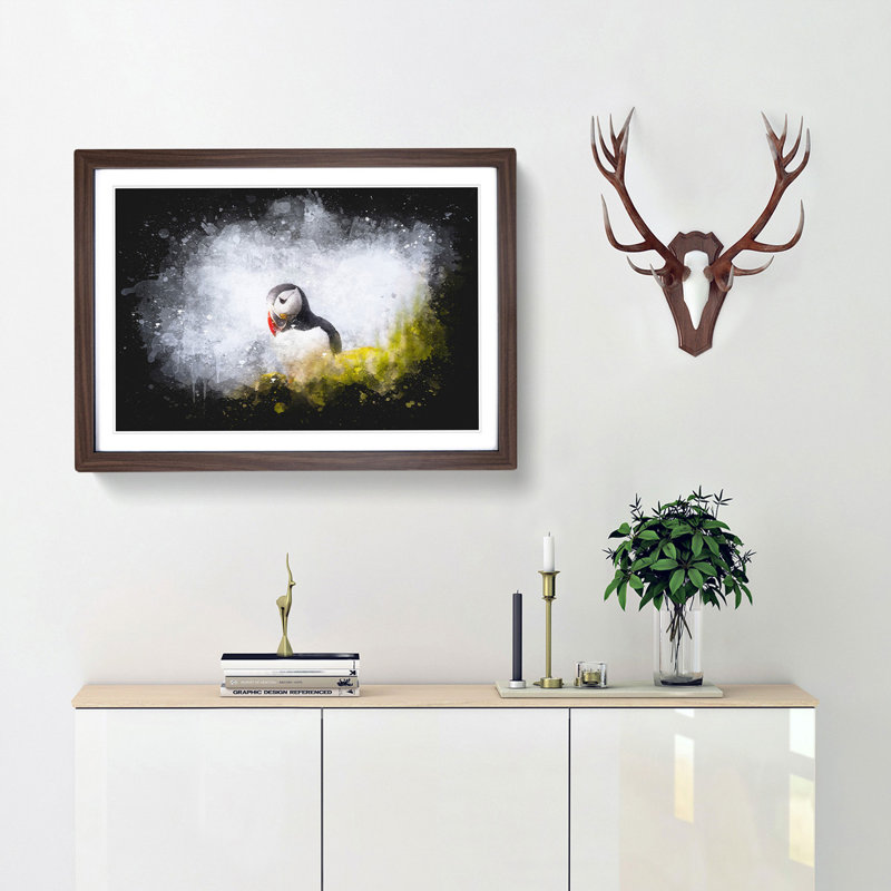 Lone Atlantic Puffin Paint Splash - Picture Frame Graphic Art, Walnut Framed, 45cm H x 63cm W x 2cm D