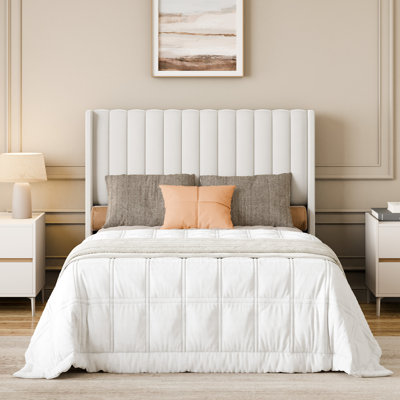 Upholstered Platform Bed Frame with Vertical Channel Tufted Wingback Headboard