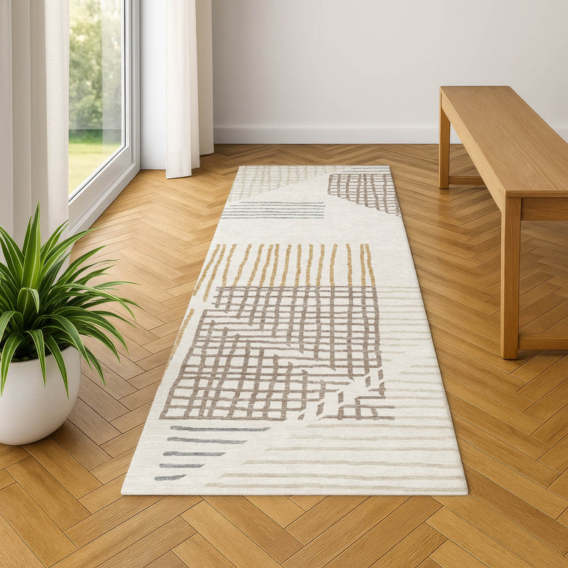 Premium Machine Washable Mayfield AMF2270 Striped Rug, 2'3" x 7'6" Runner, Ivory