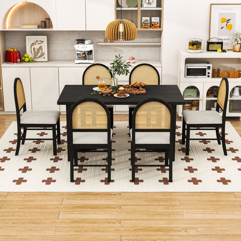 Ensemble de table de salle à manger 7 pièces, table rectangulaire rustique avec chaises à dossier en rotin et repose-pieds réglable