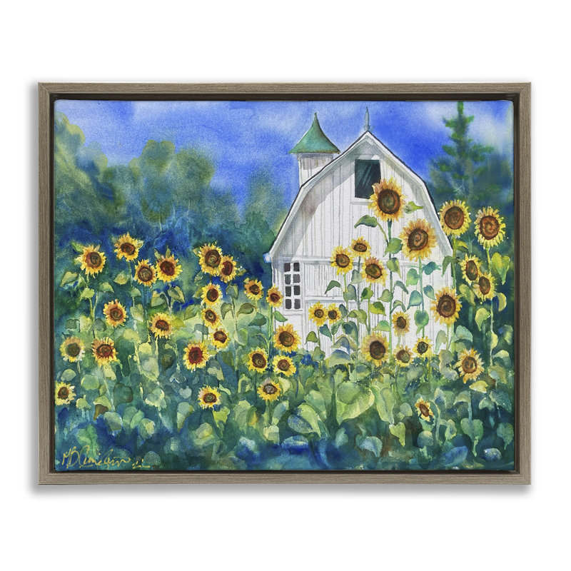 Tall Sunflowers & Country Barn, 17" H x 21" W, Montalcino Elm Floater Frame