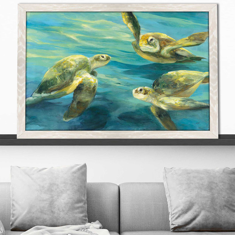 Tortues de mer par Julia Purinton - Peinture, H 33,5 po x l 49,5 po x P 1 po, Cadre crème délavé